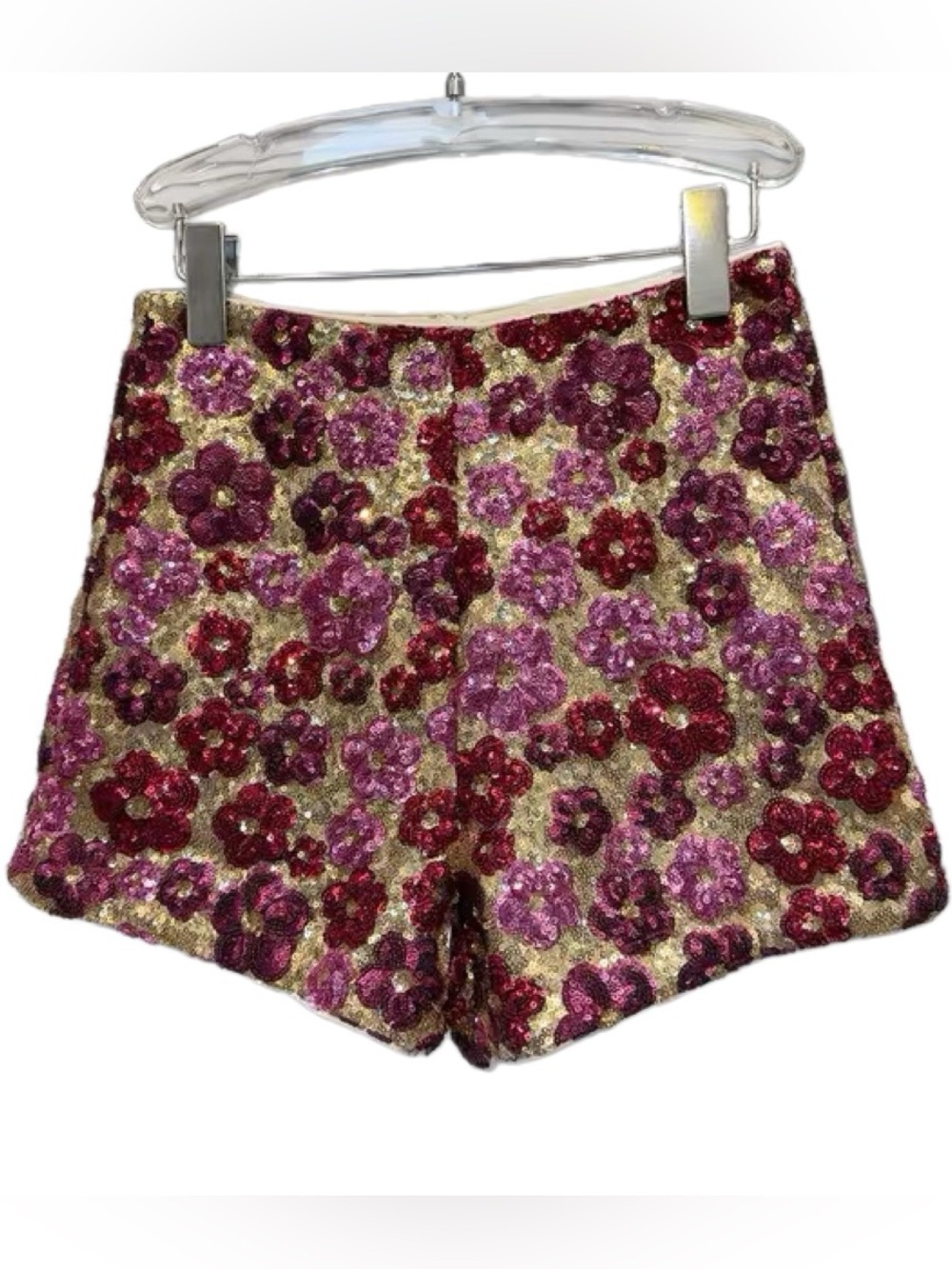 Sequined Floral High-Waist Shorts - Pink & Burgundy